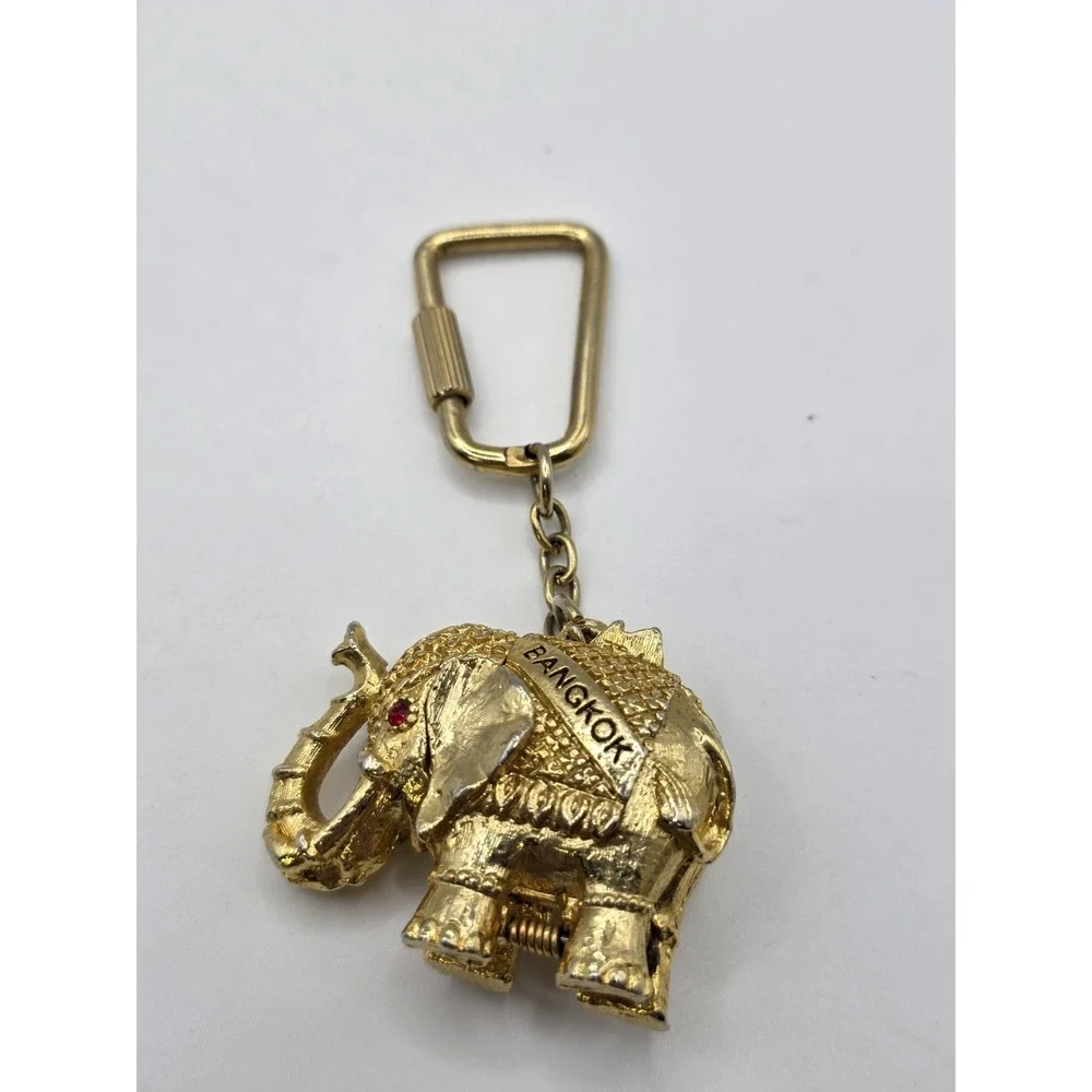 Bangkok Thailand Gold Tone Elephant Figure w/ Secret Compartment Keychain